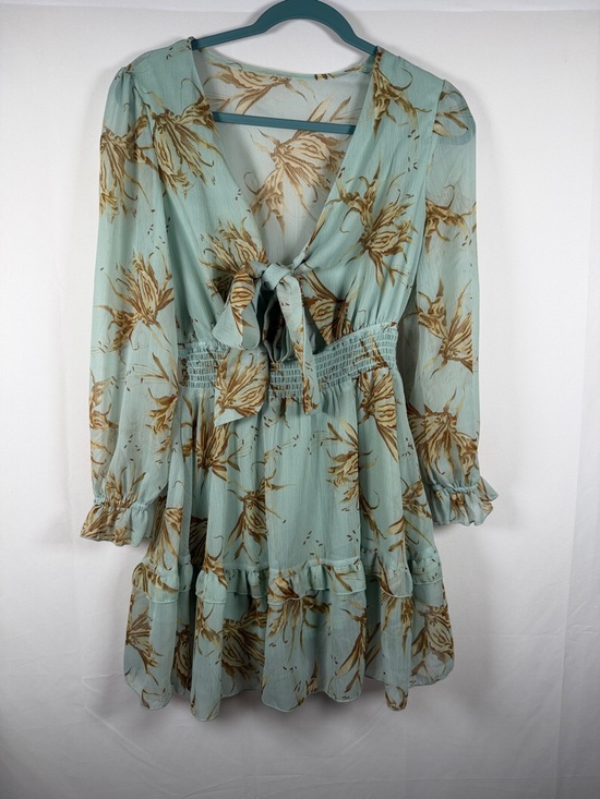 Dresses & Skirts - Floral Fairy Sheer Tie-Front Coquette Long Sleeve Milkmaid Mini Dress in Sage